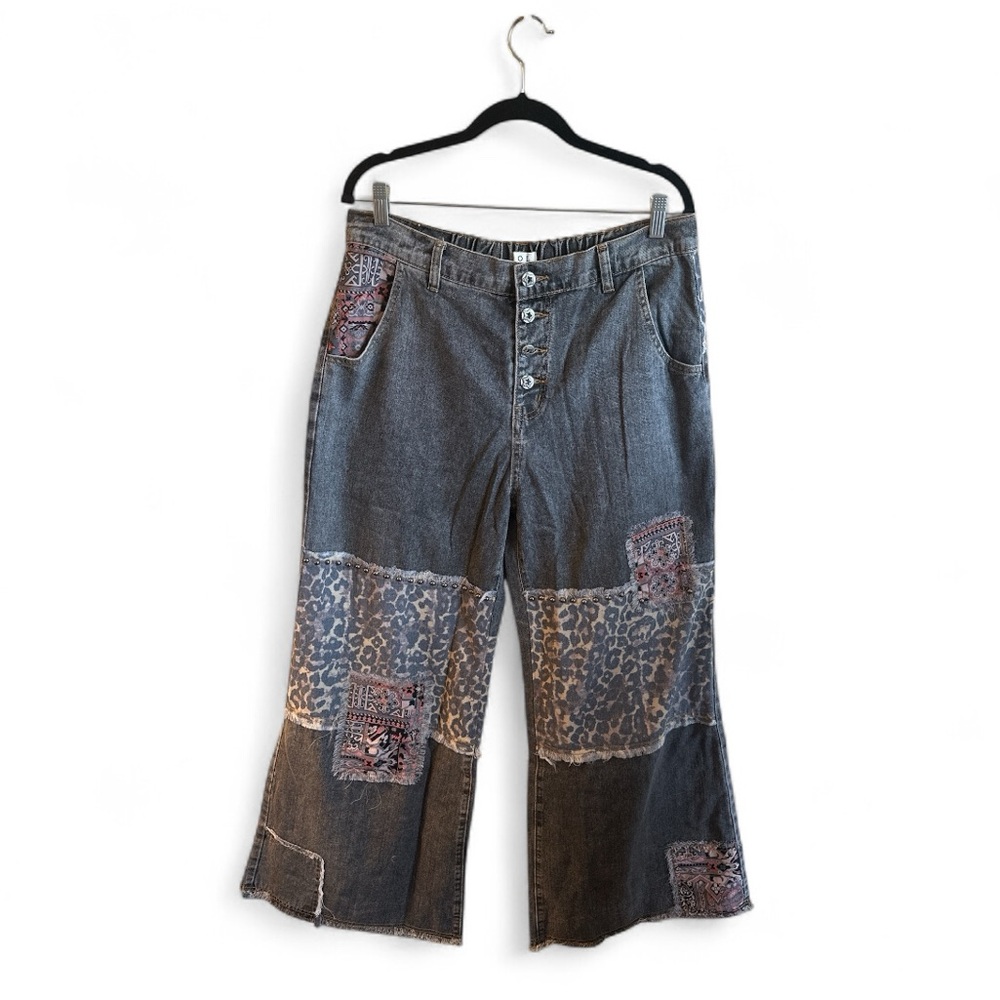 POL Studded Patch Jeans Size Large Charcoal Gray High Rise Button Fly Wide Leg - Picture 3 of 15